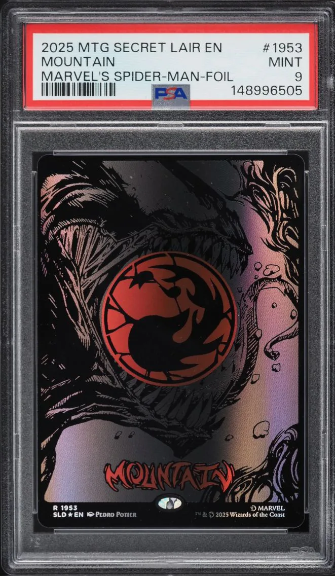 2025 Magic The Gathering MTG Secret Lair Drop Marvel's Spider-Man Foil Mountain #1953 PSA 9