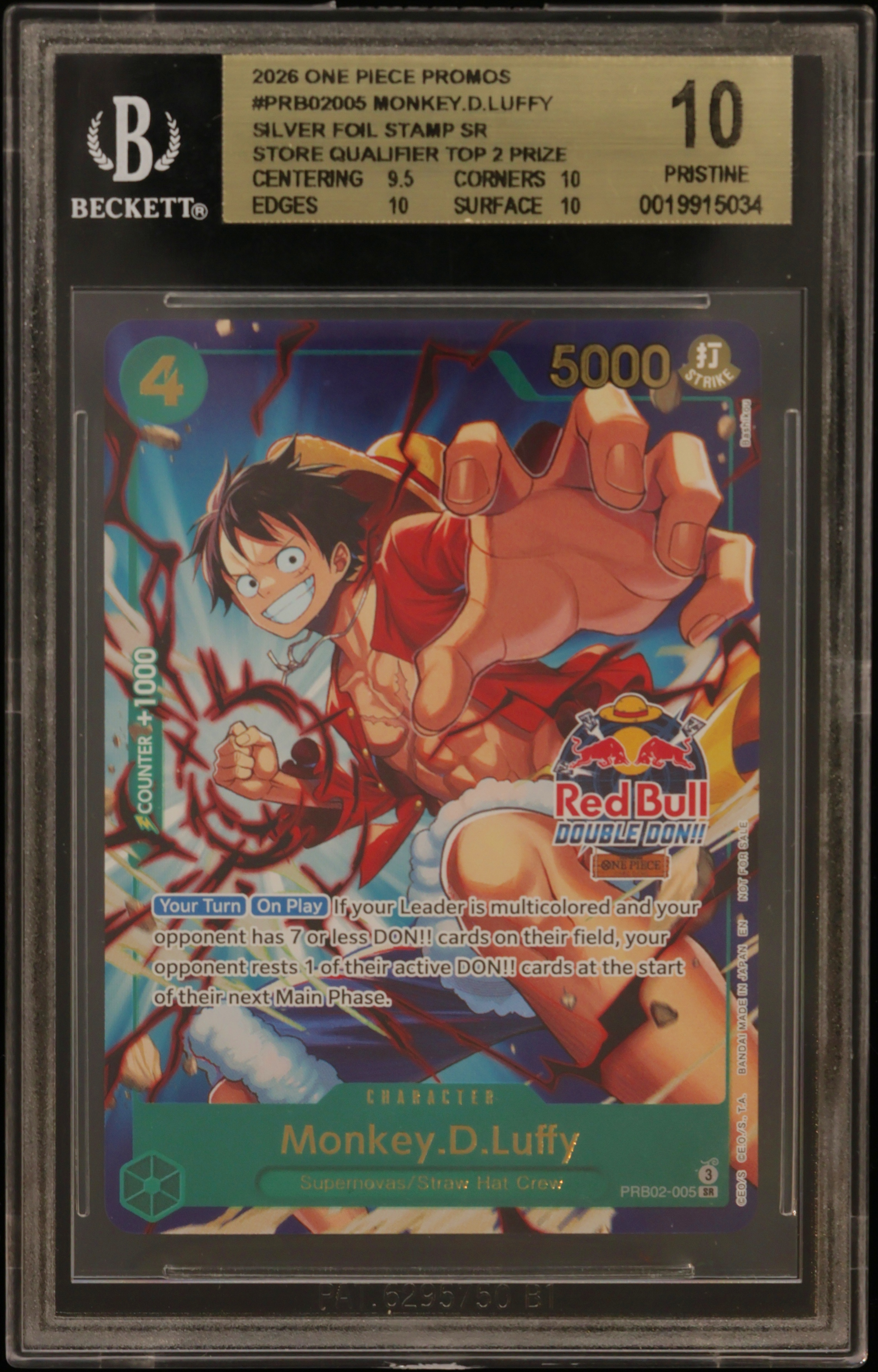 2026 #PRB02005 Monkey.D.Luffy SILVER FOIL STAMP SR/(Red Bull Double DON!! Store Qualifier Top 2 Prize) BGS 10 One Piece Card Game Promos