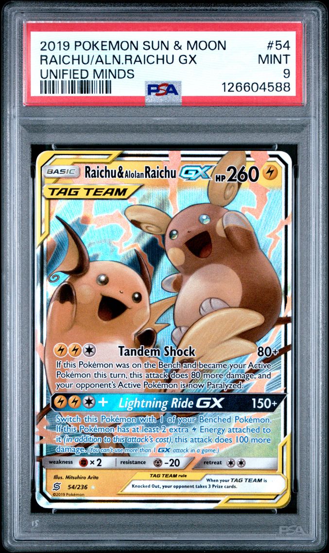 2019 #54 Raichu & Alolan Raichu GX PSA 9 Sun & Moon Unified Minds