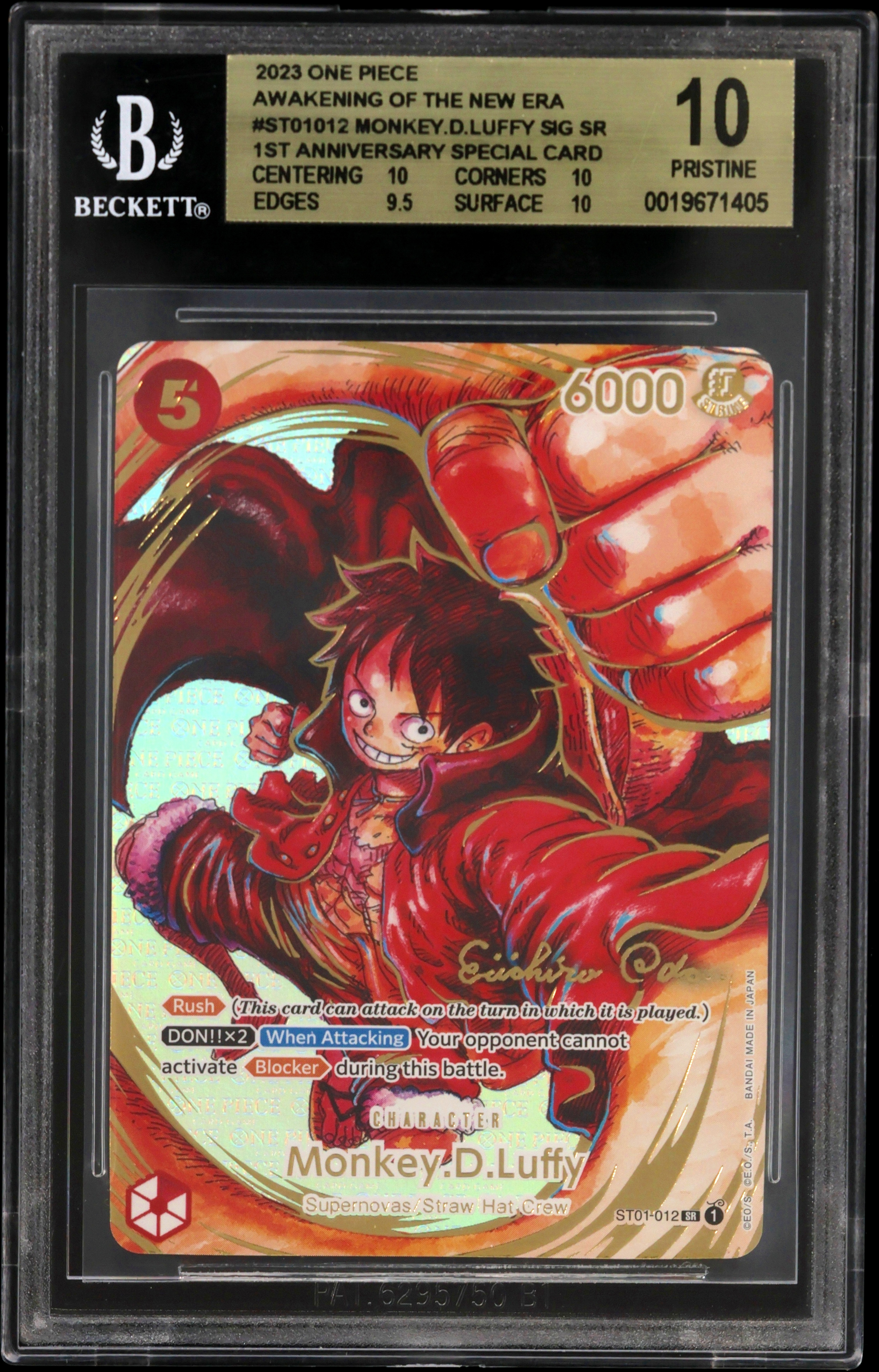 2023 #ST01012 Monkey.D.Luffy SIGNED SR/(1st Anniversary Special Card) BGS 10 One Piece Card Game Awakening of the New Era