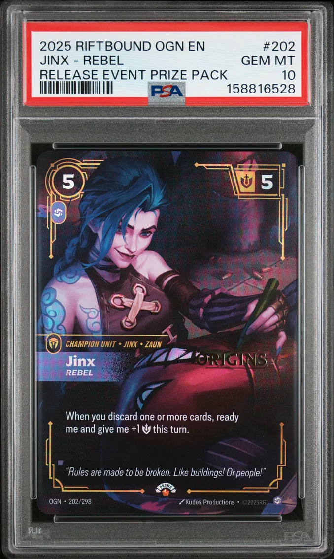 2025 #202 Jinx - Rebel PSA 10 Riftbound: League of Legends Ogn-Origins