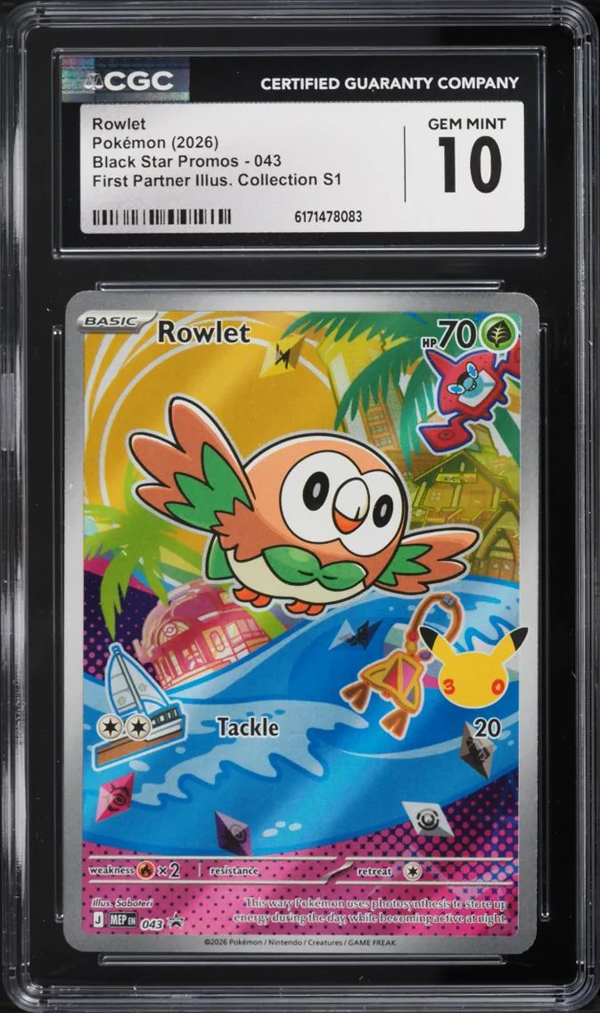 2026 Pokemon Mega Evolution Promo First Partner Illustration S1 Full Art Rowlet #43 CGC 10 GEM