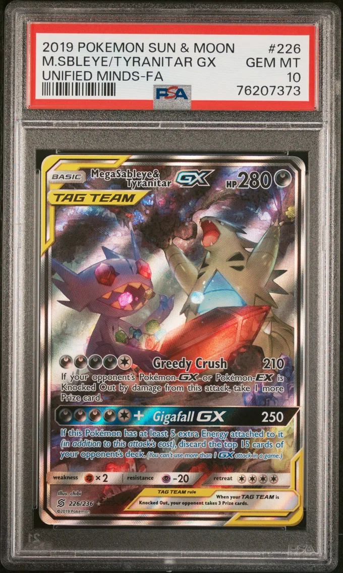 2019 #226 Full Art/Mega Sableye & Tyranitar GX PSA 10 Sun & Moon Unified Minds