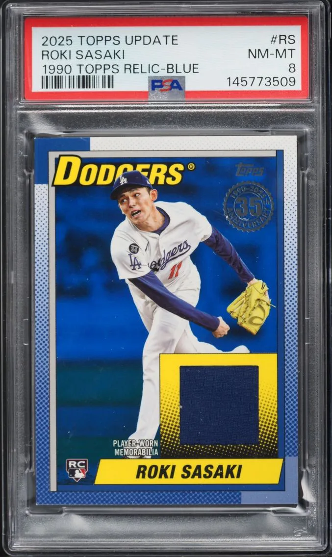 2025 Topps Update '90 Blue Roki Sasaki ROOKIE PATCH /150 #90RU-RS PSA 8 NM-MT