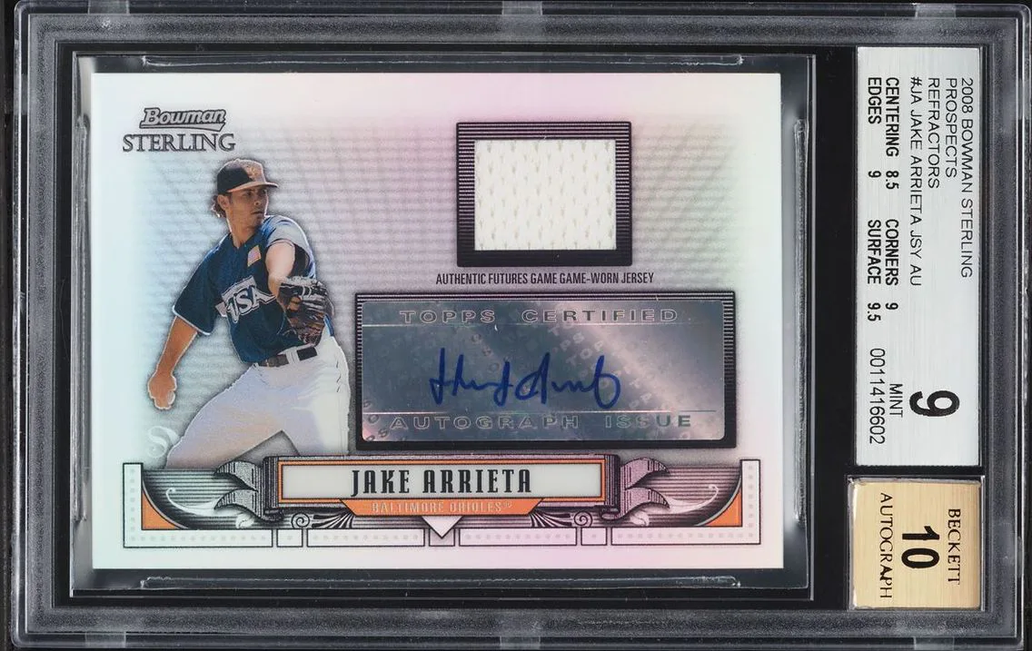 2008 Bowman Sterling Refractor Jake Arrieta PROSPECT PATCH AUTO /199 #BSP-JA BGS 9 MINT