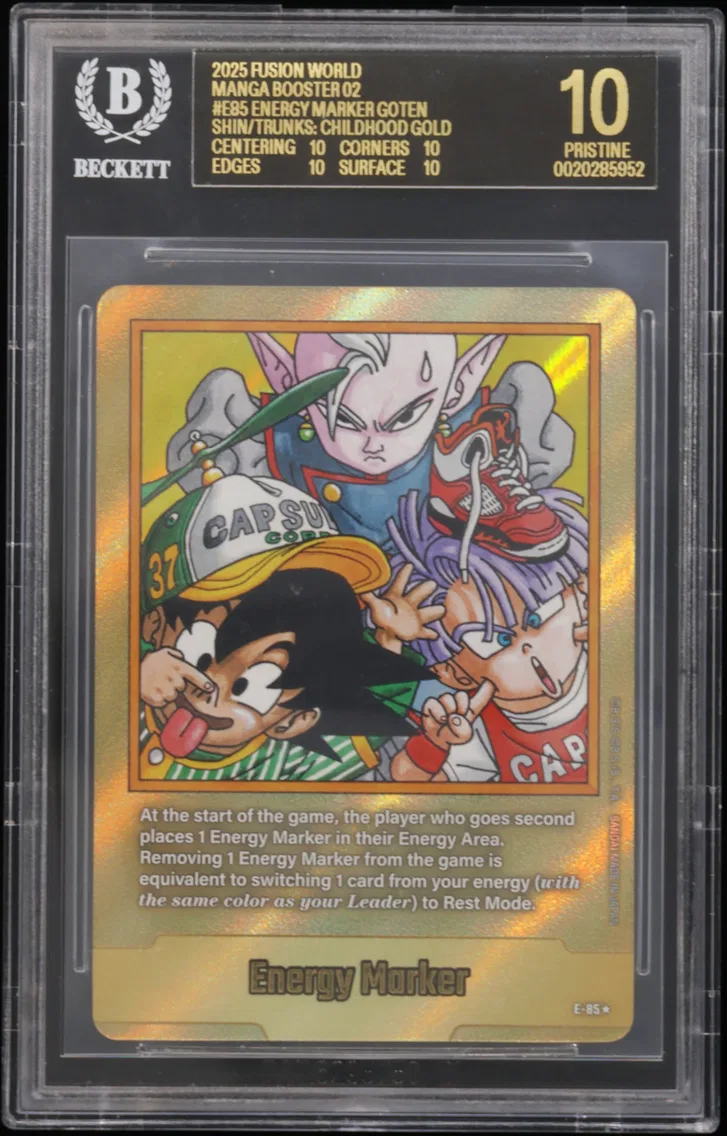 2025 #E85 Energy Marker (Goten/Shin/Trunks: Childhood) GOLD BGS 10 Dragon Ball Super Card Game Fusion World Manga Booster 02