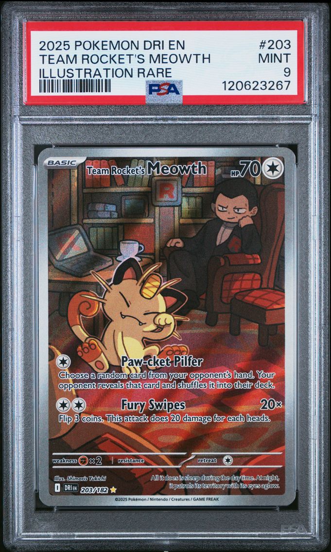 2025 #203 Team Rocket's Meowth PSA 9 Dri EN-Destined Rivals