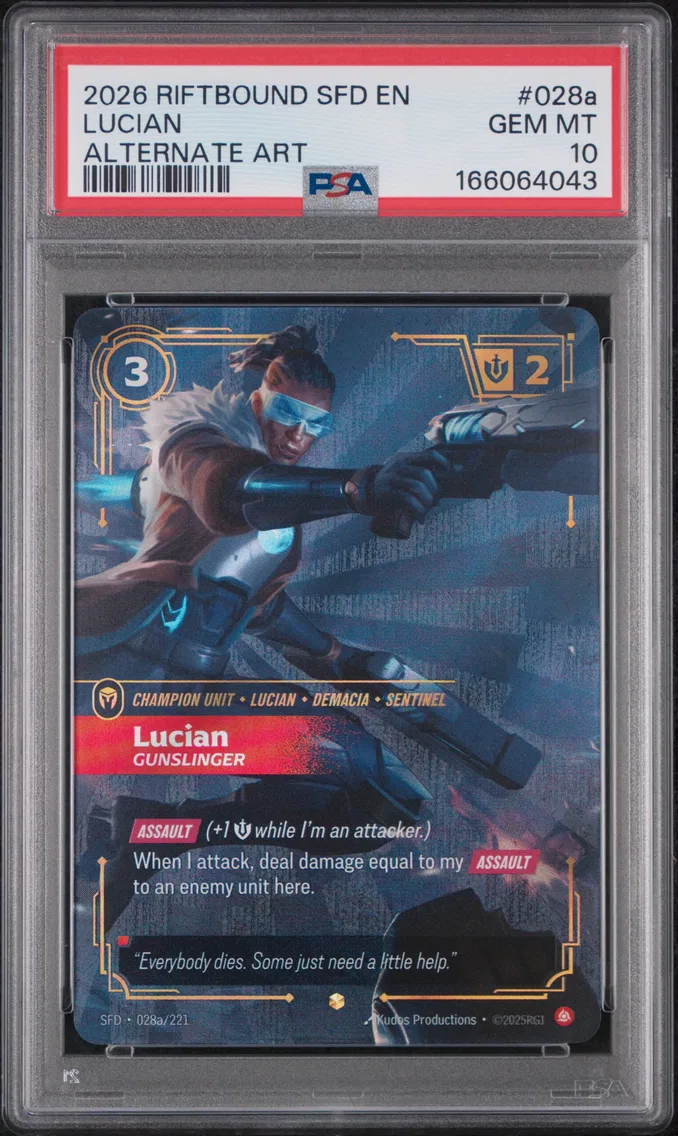 2026 #028a Lucian - Gunslinger PSA 10 Riftbound: League of Legends Sfd-Spiritforged