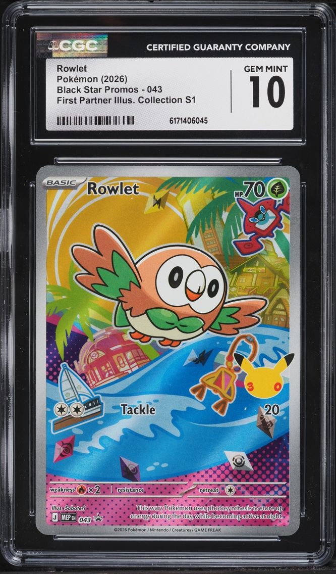 2026 Pokemon Mega Evolution Promo First Partner Illustration S1 Full Art Rowlet #43 CGC 10 GEM