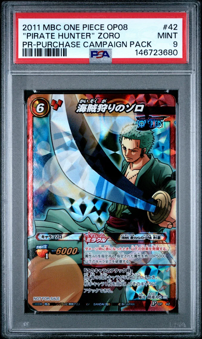 2011 #42 "Pirate Hunter" Roronoa Zoro PSA 9 Miracle Battle Carddass One Piece OP08 Promos