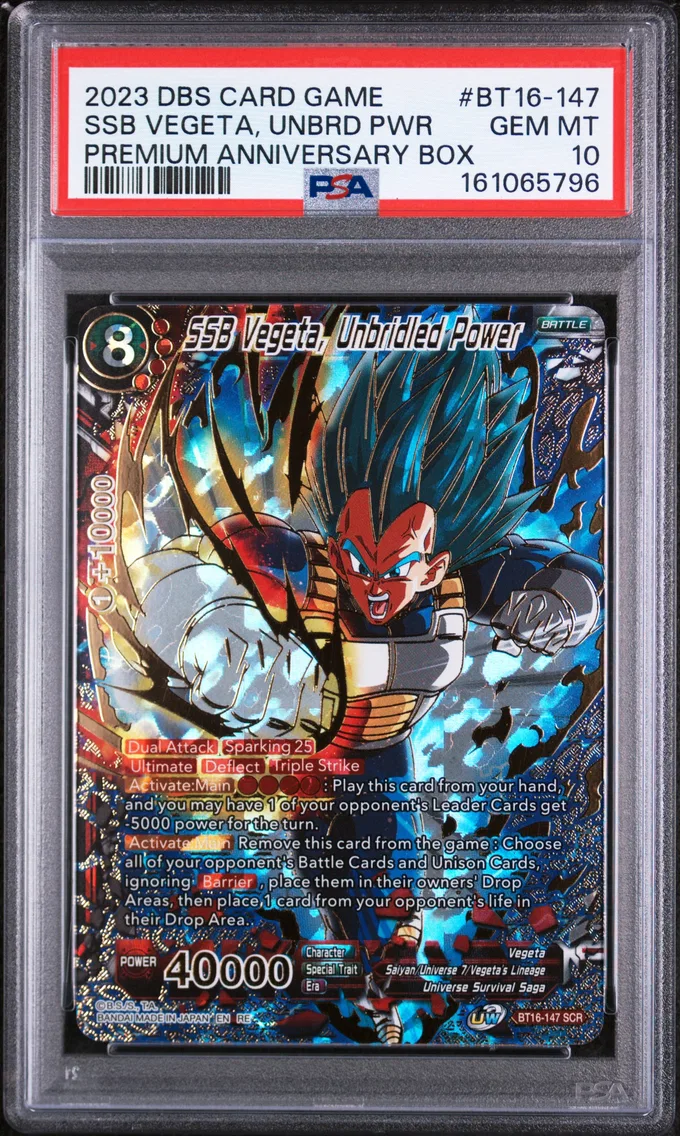 2023 #BT16-147 SSB Vegeta, Unbridled Power PSA 10 Dragon Ball Super Card Game Premium Anniversary Box