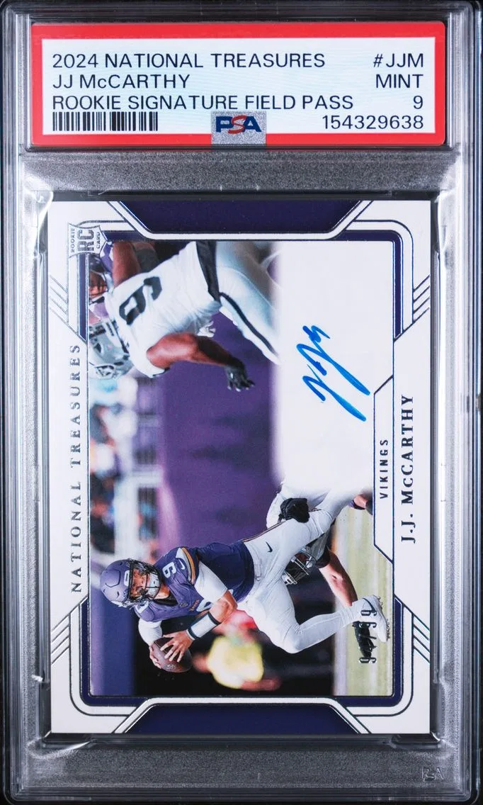 2024 #JJM JJ McCarthy PSA 9 Panini National Treasures Rookie Signatures Field Pass