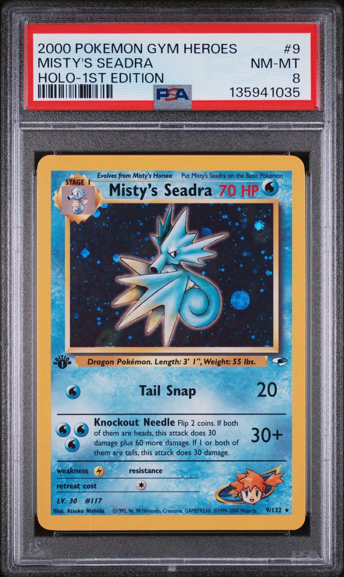 2000 #9 Misty's Seadra Holo-1st Edition PSA 8 Gym Heroes Pokemon