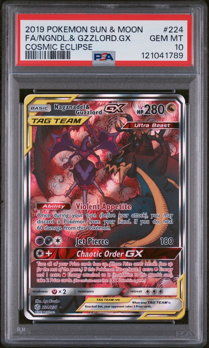 2019 #224 Full Art/Naganadel & Guzzlord GX PSA 10 Sun & Moon Cosmic Eclipse Pokemon