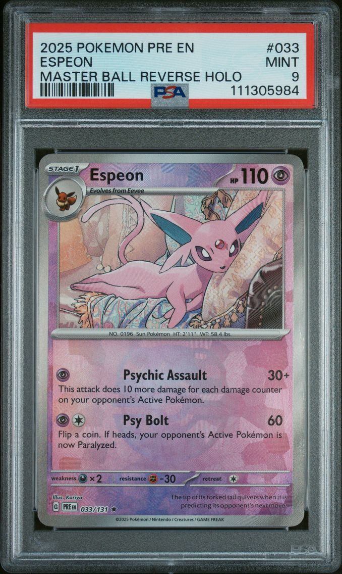 2025 #033 Espeon Master Ball Reverse Holo PSA 9 Pre EN-Prismatic Evolutions Pokemon