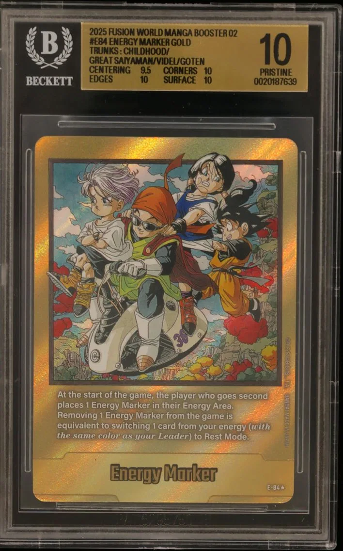 2025 #E84 Energy Marker (Trunks : Childhood/Great Saiyaman/Videl/Goten) GOLD BGS 10 Dragon Ball Super Card Game Fusion World Manga Booster 02