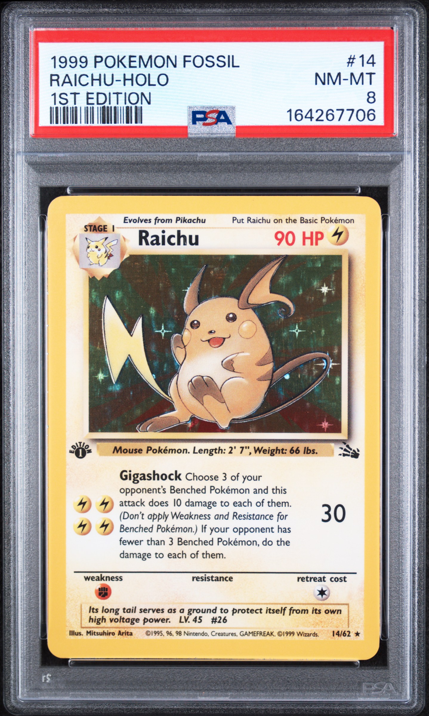 1999 #14 Raichu-Holo 1st Edition PSA 8 Fossil