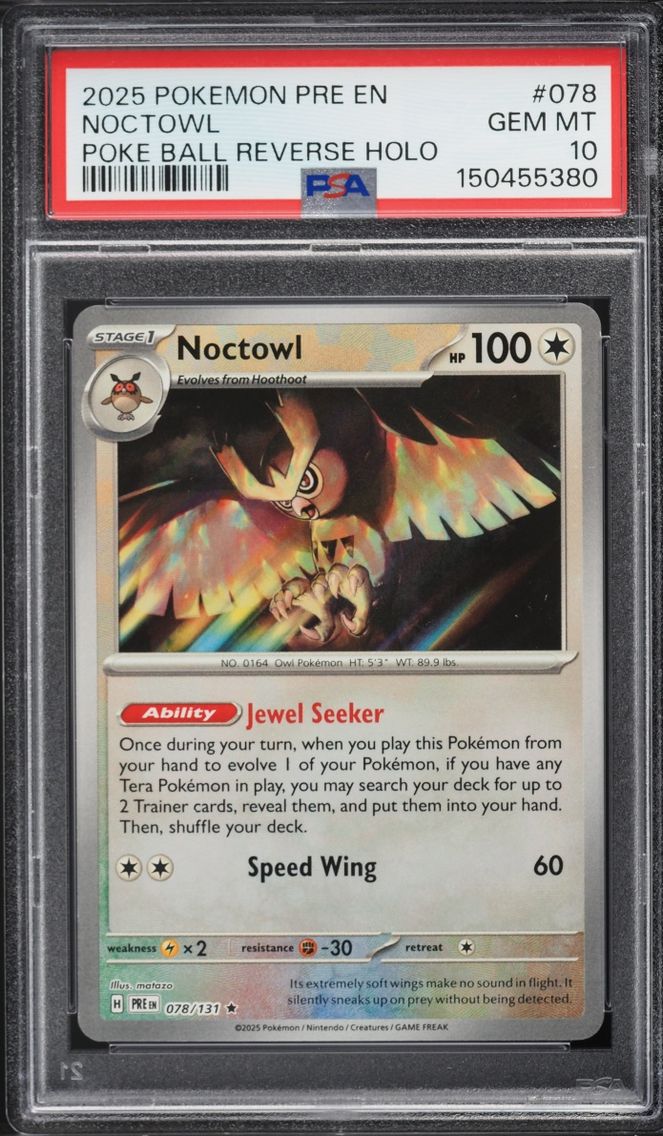 2025 Pokemon Scarlet & Violet Prismatic Evolutions Poke Ball Reverse Holo Noctowl #78 PSA 10