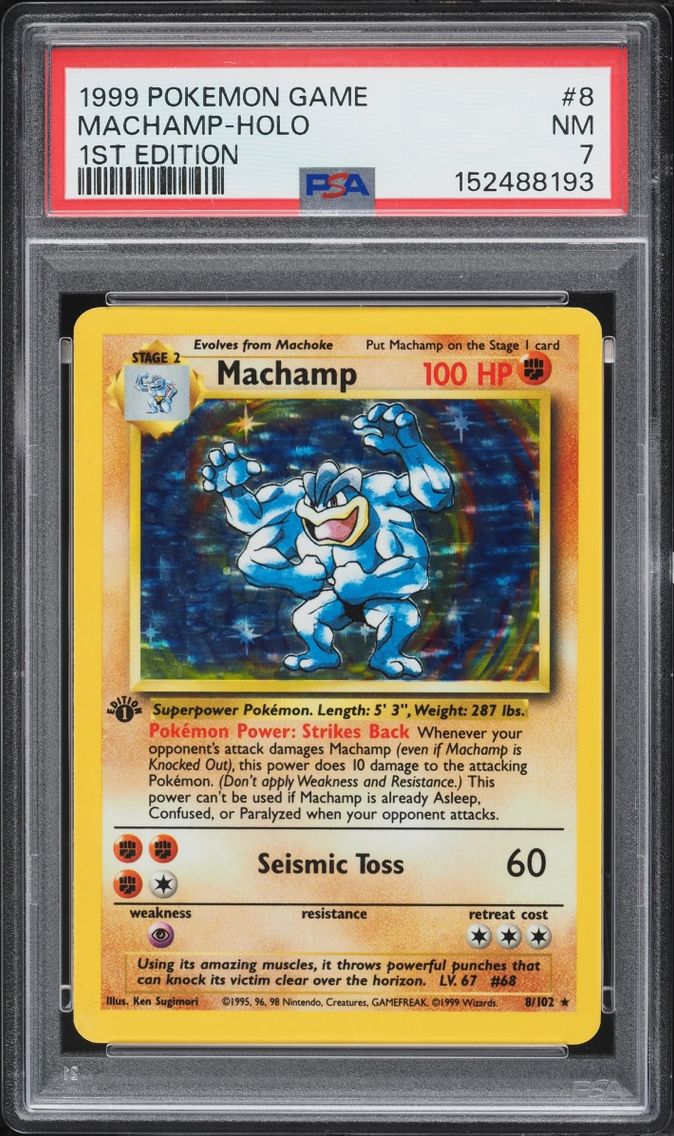 1999 #8 Base Set Shadowless 1st Edition Holo Machamp NRMT PSA 7 Pokemon