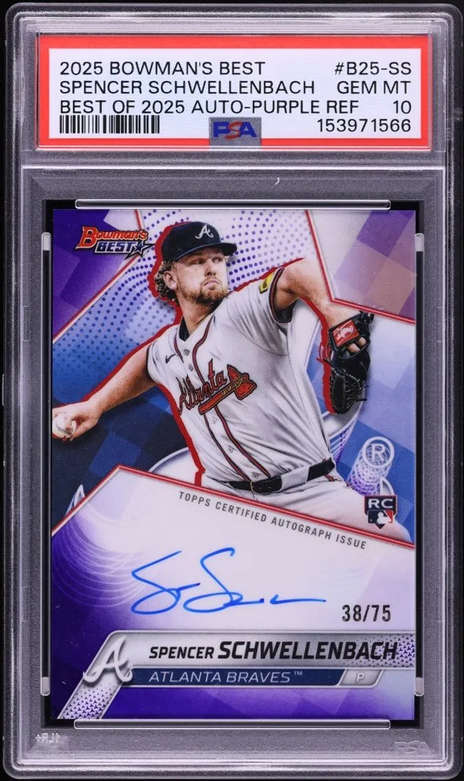 2025 Bowman's Best Of Purple Refractor Spencer Schwellenbach ROOKIE AUTO /75 #B25-SS PSA 10 GEM