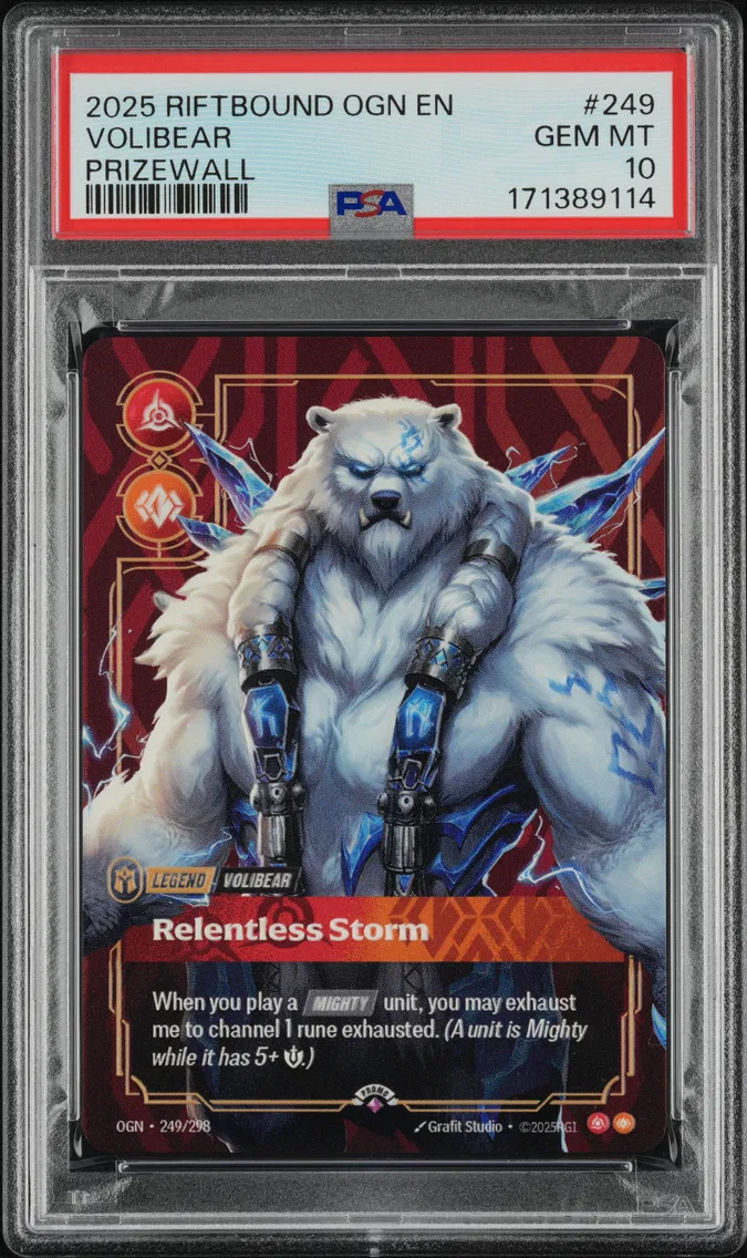 2025 #249 Volibear - Relentless Storm PSA 10 Riftbound: League of Legends Ogn-Origins Plated Legends