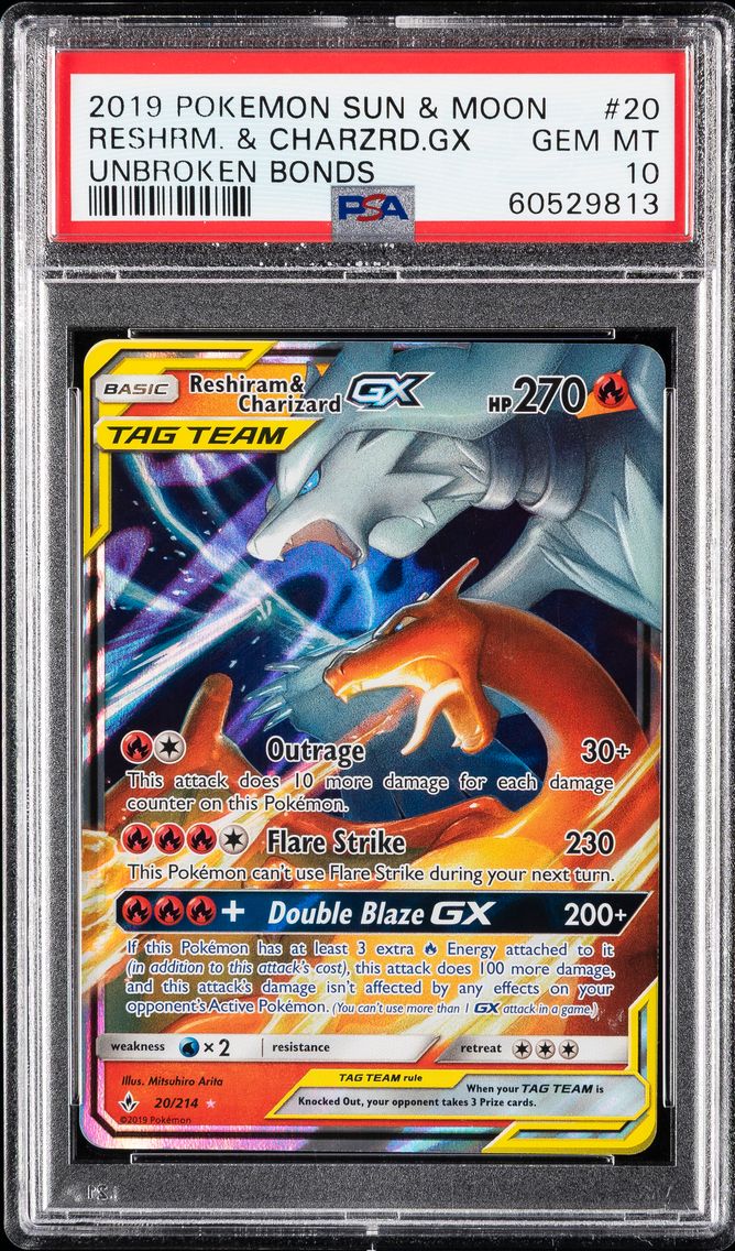 2019 #20 Reshiram & Charizard GX PSA 10 Sun & Moon Unbroken Bonds Pokemon