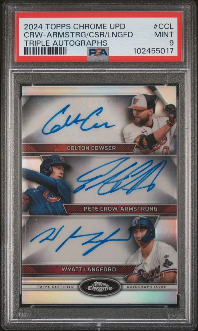 2024 #CCL Colton Cowser/Pete Crow-Armstrong/Wyatt Langford PSA 9 Topps Chrome Update Triple Autographs