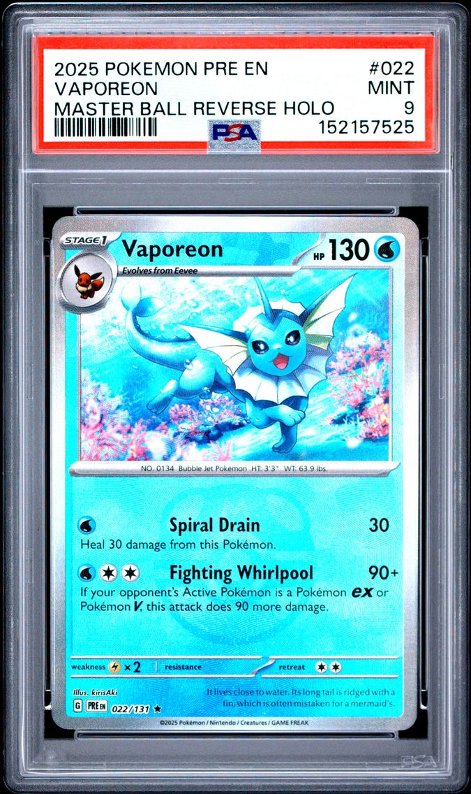 2025 #022 Vaporeon Master Ball Reverse Holo PSA 9 Pre EN-Prismatic Evolutions