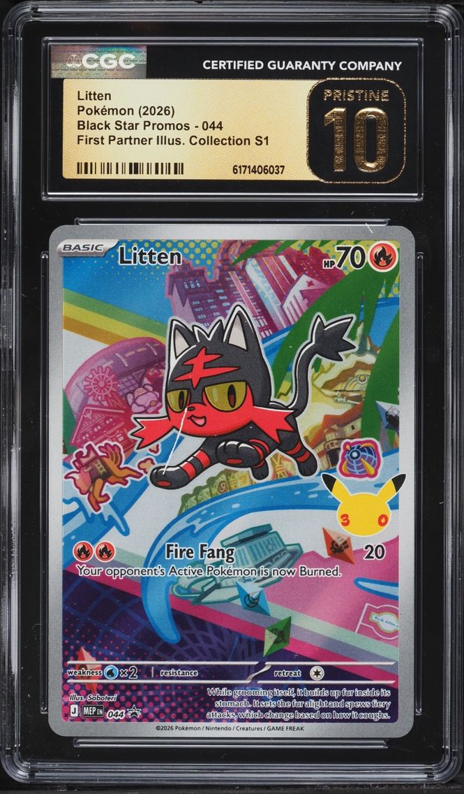 2026 Pokemon Mega Promo First Partner Illustration S1 Full Art Litten #44 CGC 10 PRISTINE