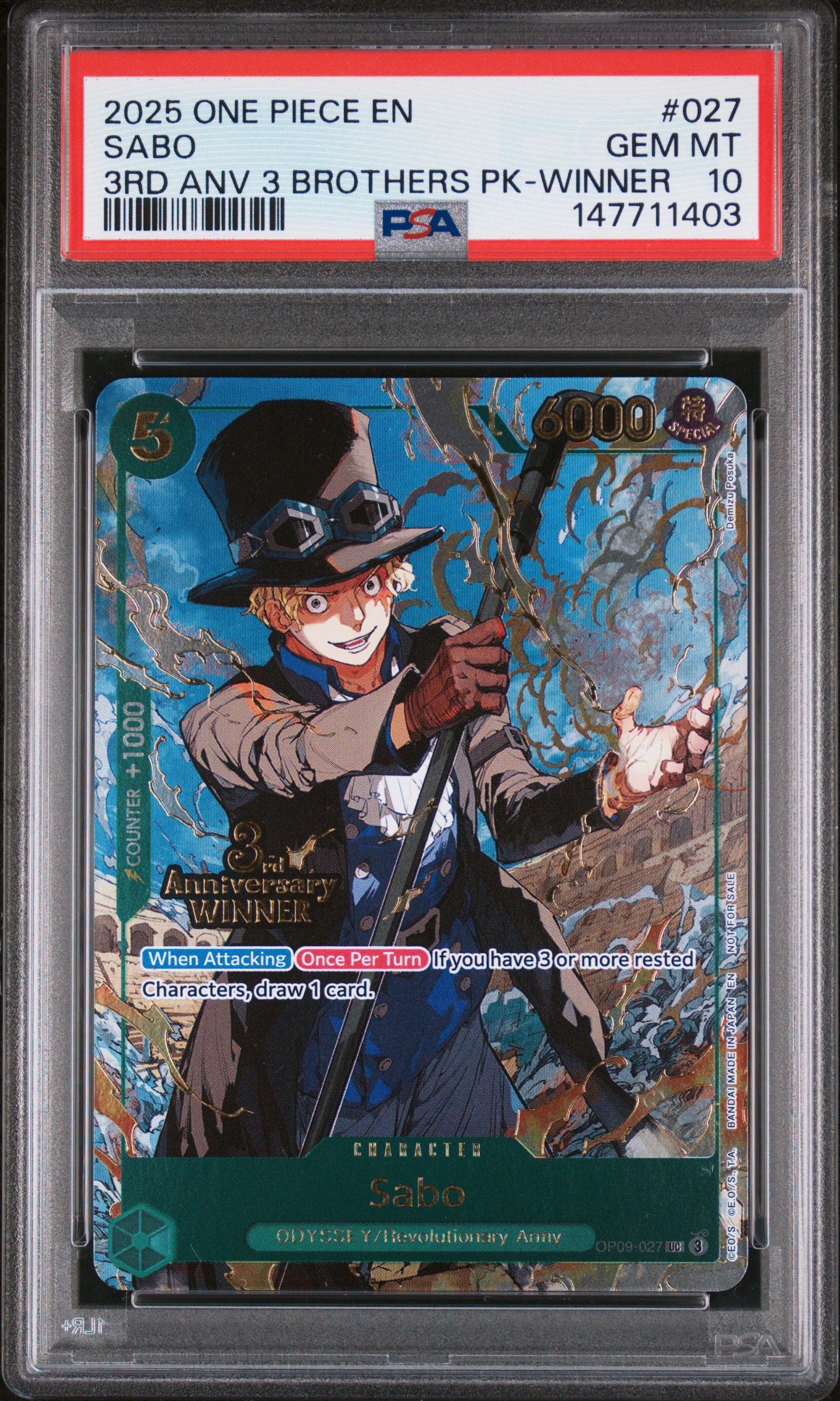 2025 #027 Sabo PSA 10 One Piece 3rd Anniversary Tournament 3 Brothers Pack