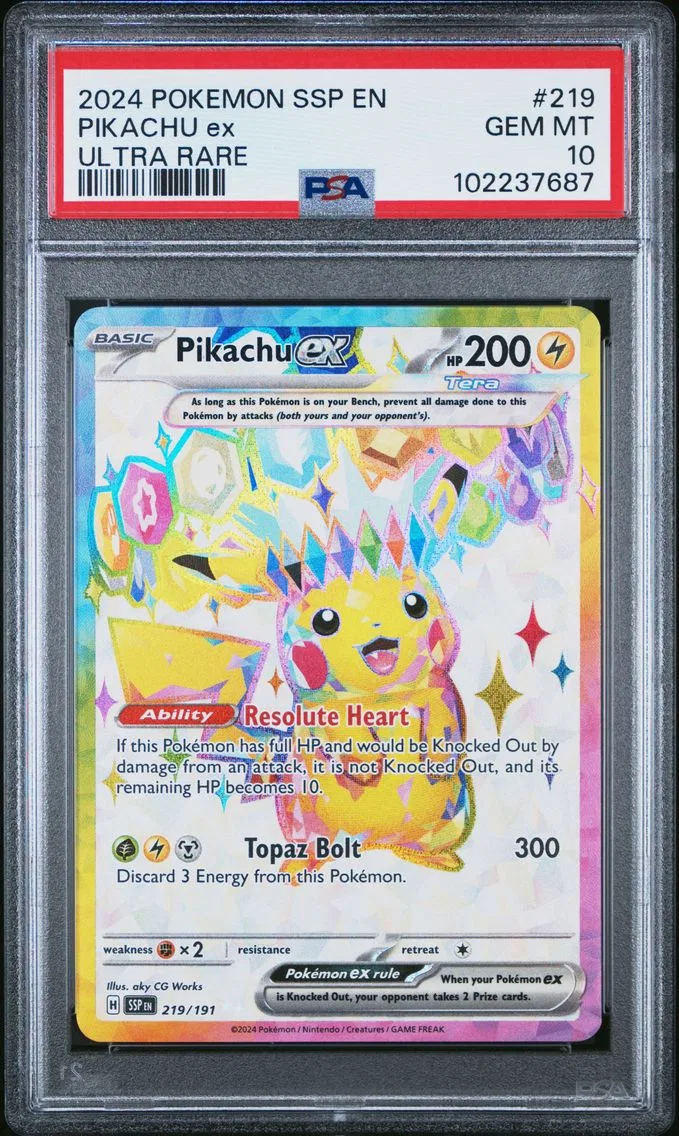 2024 #219 PIKACHU EX PSA 10 POKEMON SSP EN-SURGING SPARKS | ULTRA RARE
