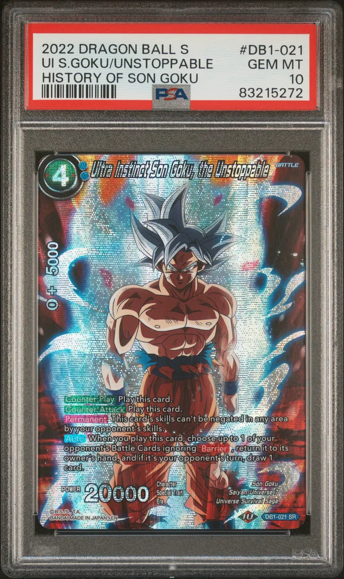 2022 #DB1-021 Ultra Instinct Son Goku, the Unstoppable PSA 10 Dragon Ball Super Card Game Theme Selection History of Son Goku