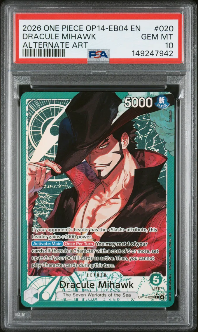 2026 #020 Dracule Mihawk PSA 10 One Piece OP14-EB04-the Azure Sea's Seven