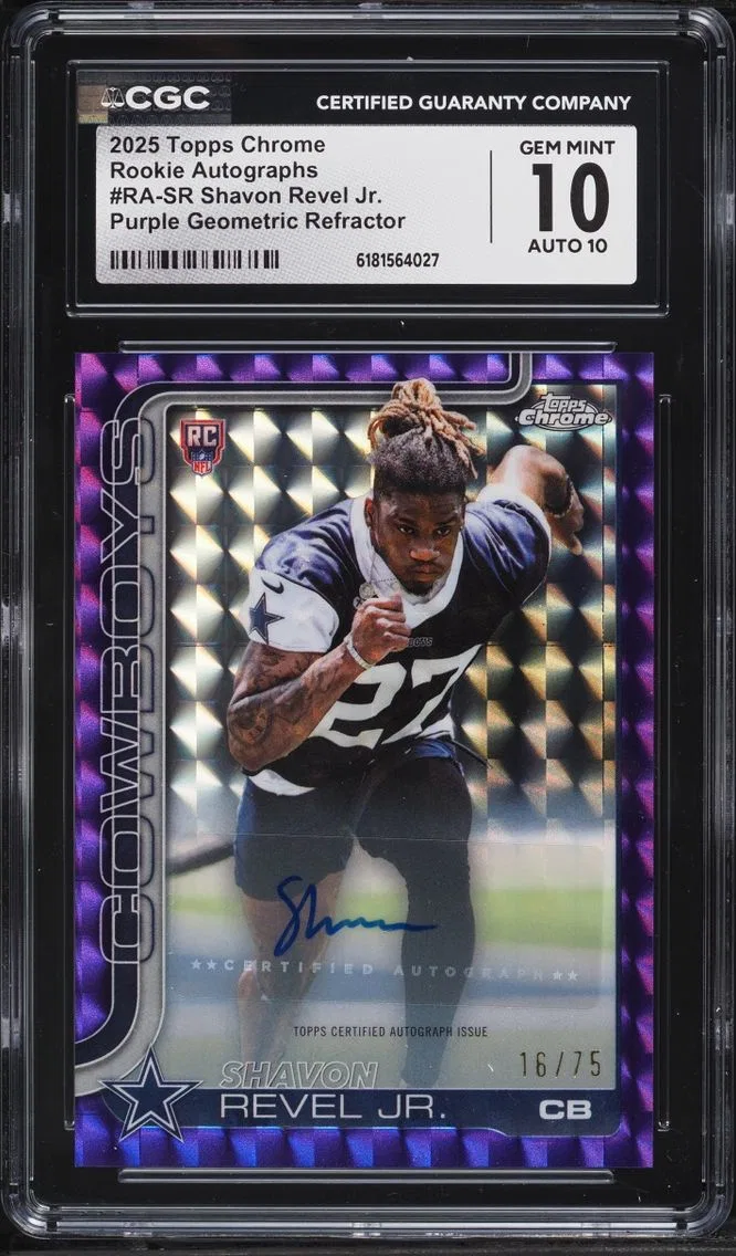 2025 Topps Chrome Purple Geometric Refractor Shavon Revel Jr. ROOKIE AUTO /75 #RA-SR CGC 10 GEM