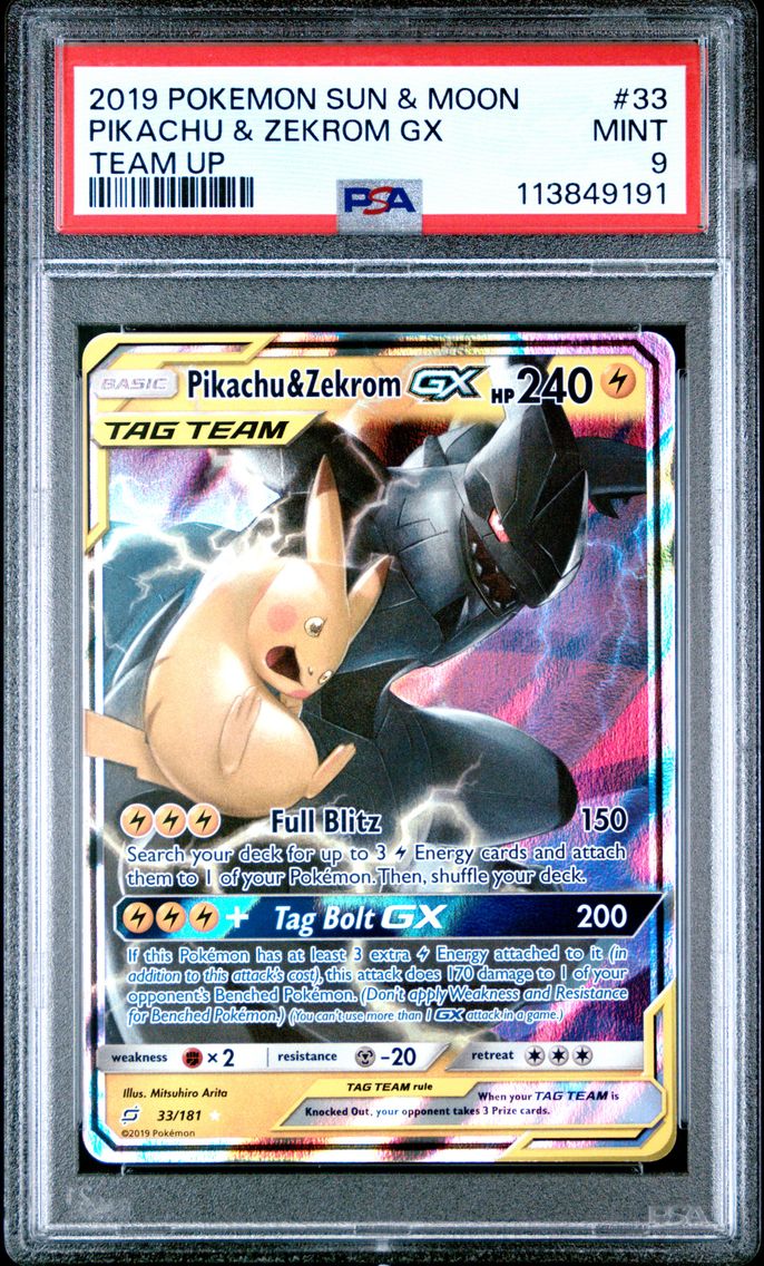 2019 #33 Pikachu & Zekrom GX PSA 9 Sun & Moon Team Up Pokemon