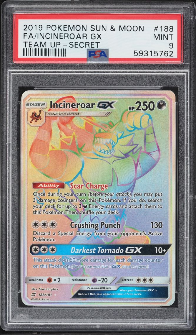 2019 Pokemon Sun & Moon Team Up Rainbow Rare Incineroar GX #188 PSA 9 MINT
