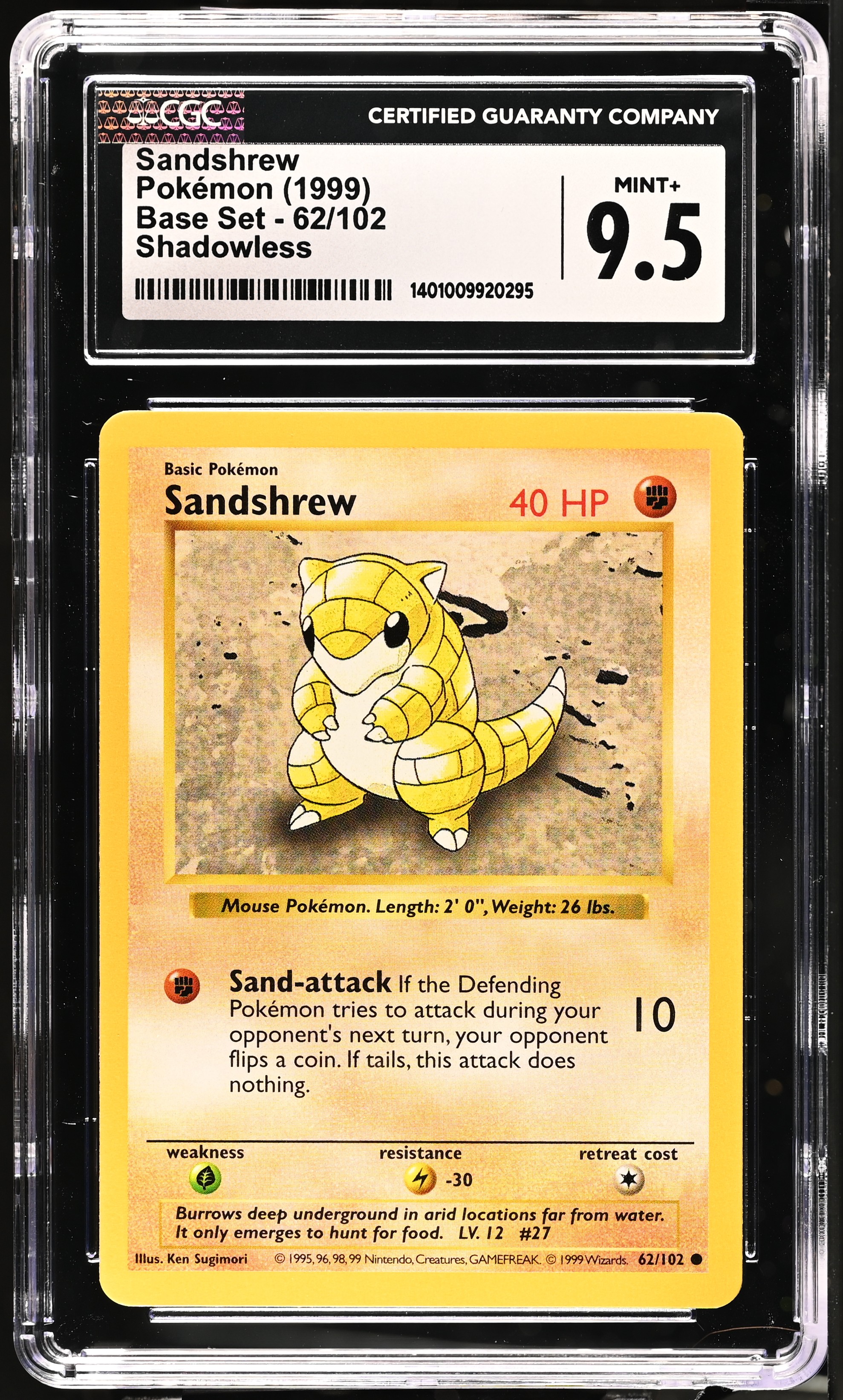 1999 #62 Sandshrew Shadowless CGC 9.5 Base Set (Shadowless) - English