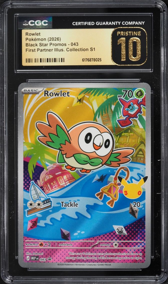 2026 Pokemon Mega Promo First Partner Illustration S1 Full Art Rowlet #43 CGC 10 PRISTINE