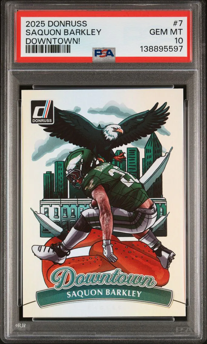 2025 #7 Saquon Barkley PSA 10 Panini Donruss Downtown! Football