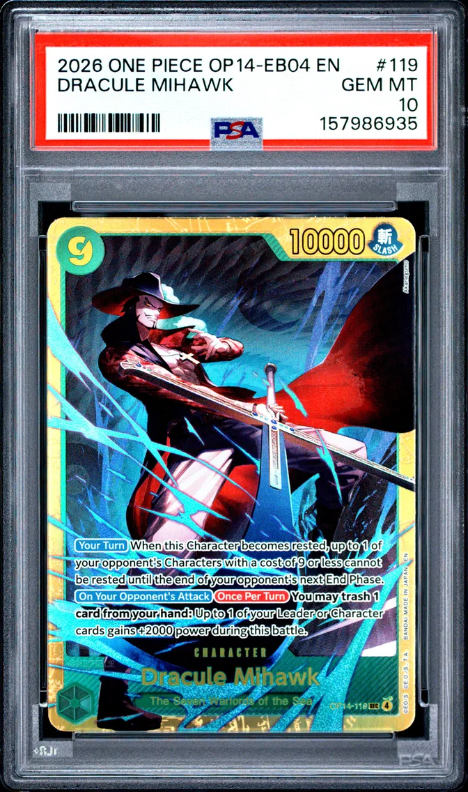 2026 #119 DRACULE MIHAWK PSA 10 One Piece OP14-EB04-the Azure Sea's Seven