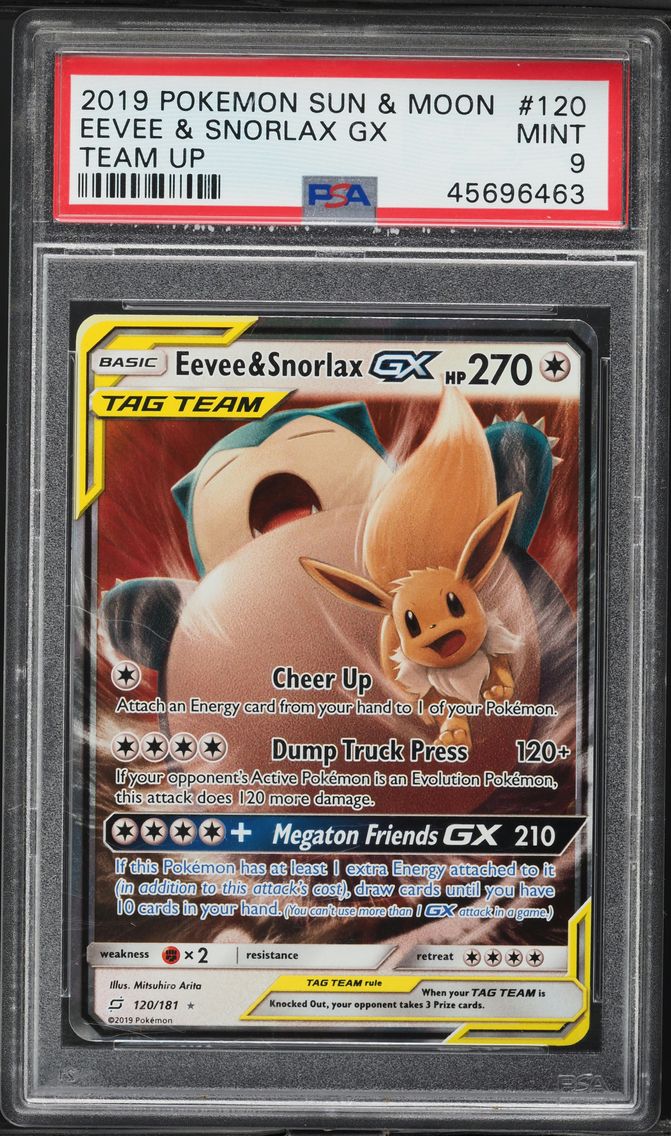 2019 #120 Eevee & Snorlax GX PSA 9 Sun & Moon Team Up Pokemon