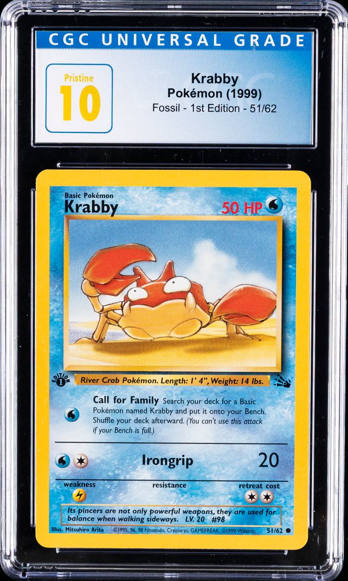 1999 #51 Krabby 1st Edition CGC 10 Pristine Fossil Pokemon