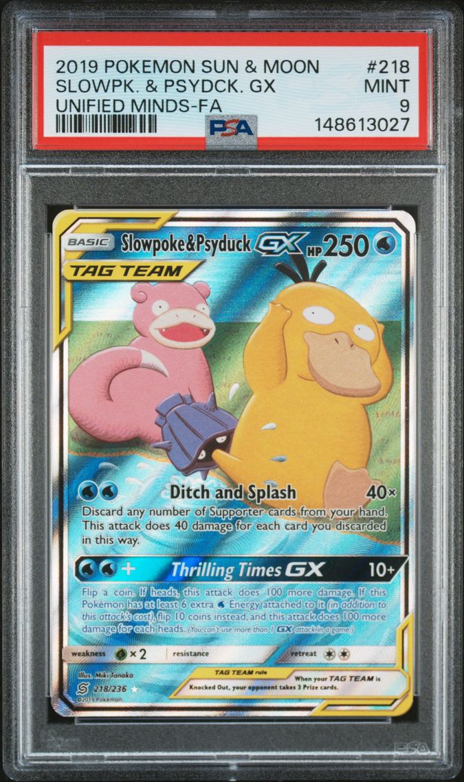2019 #218 Full Art/Slowpoke & Psyduck GX PSA 9 Sun & Moon Unified Minds