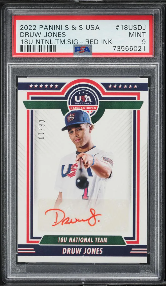 2022 Panini Stars Stripes National Red Ink Druw Jones ROOKIE AUTO /10 PSA 9