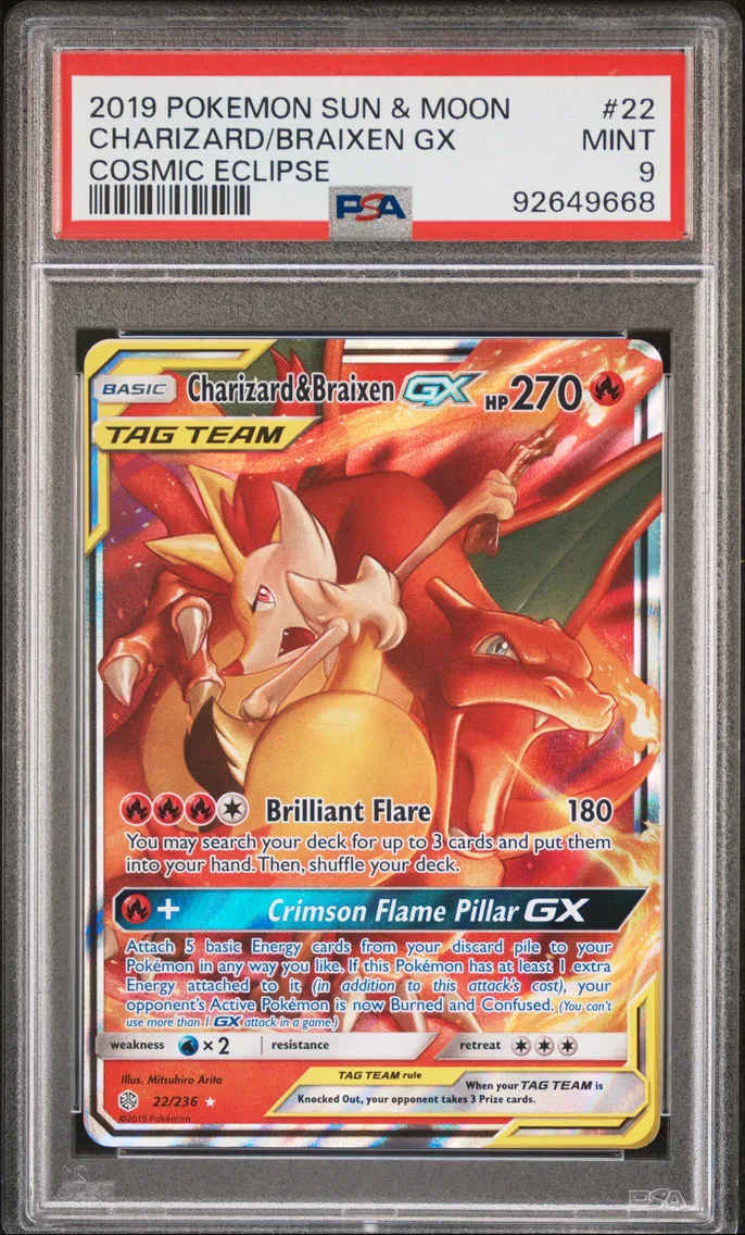 2019 Pokemon Sun & Moon Cosmic Eclipse Charizard & Braixen GX Sun & Moon Cosmic Eclipse #22 PSA 9