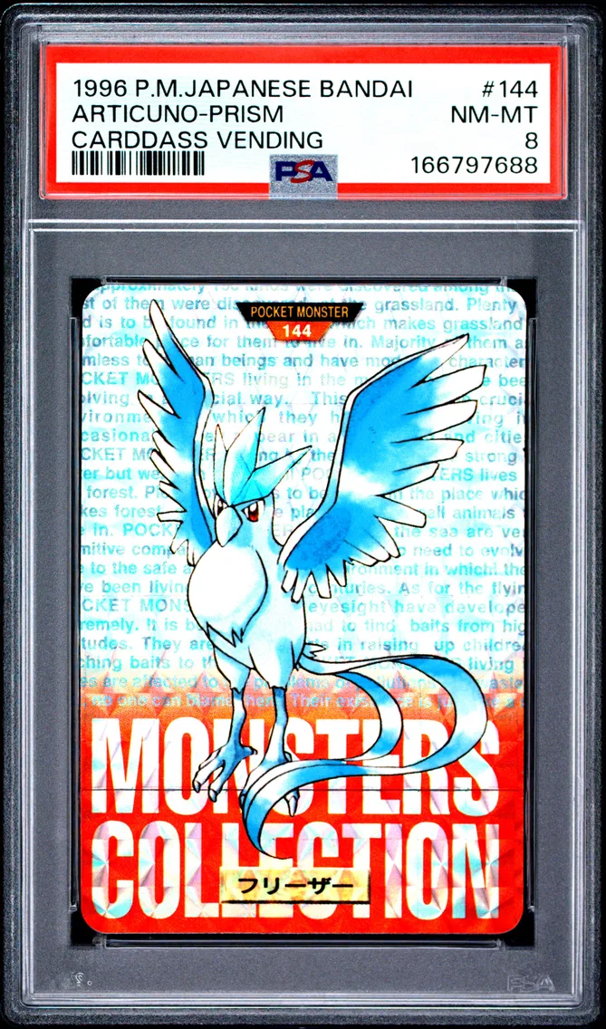 1996 Pokemon Japanese Bandai Carddass Vending Articuno-Prism Japanese Bandai Carddass Vending #144 PSA 8