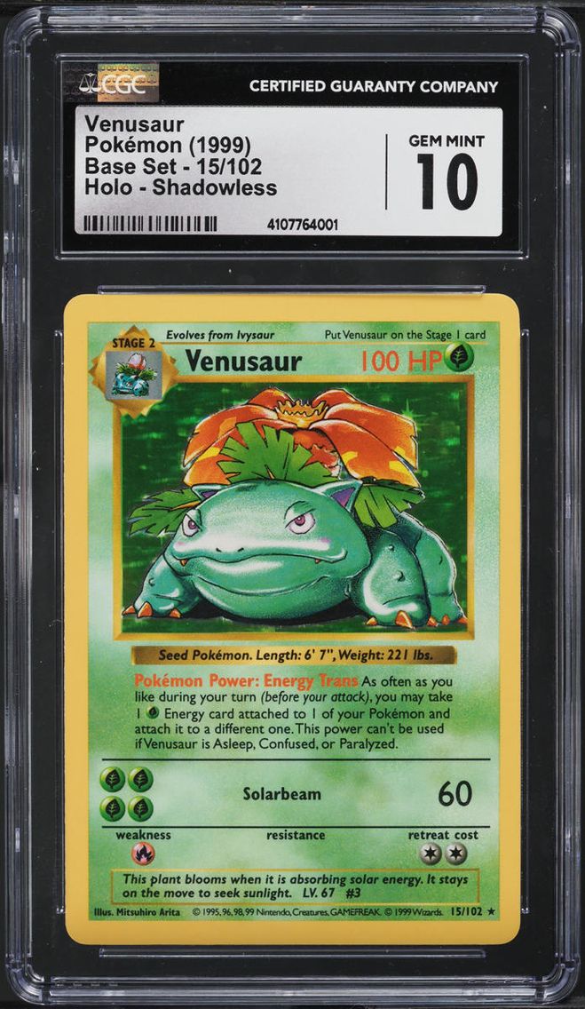 1999 #15 BASE SET SHADOWLESS HOLO VENUSAUR CGC 10 POKEMON
