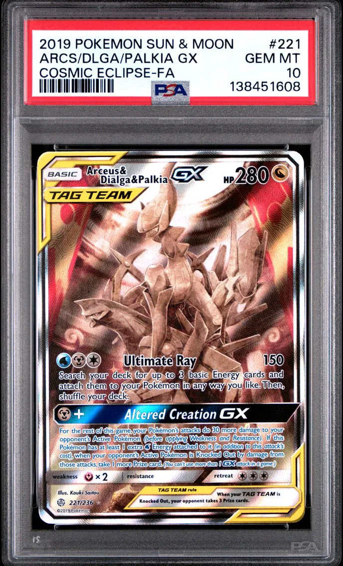 2019 #221 Full Art/Arceus & Dialga & Palkia GX PSA 10 Sun & Moon Cosmic Eclipse