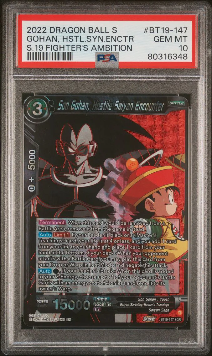 2022 #BT19-147 Son Gohan, Hostile Saiyan Encounter PSA 10 Dragon Ball Super Card Game Series 19 Fighter's Ambition