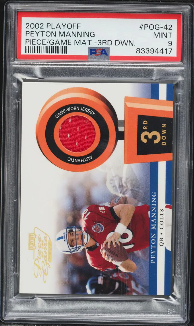 2002 #POG42 Peyton Manning PSA 9 Playoff Piece of the Game Materials Football